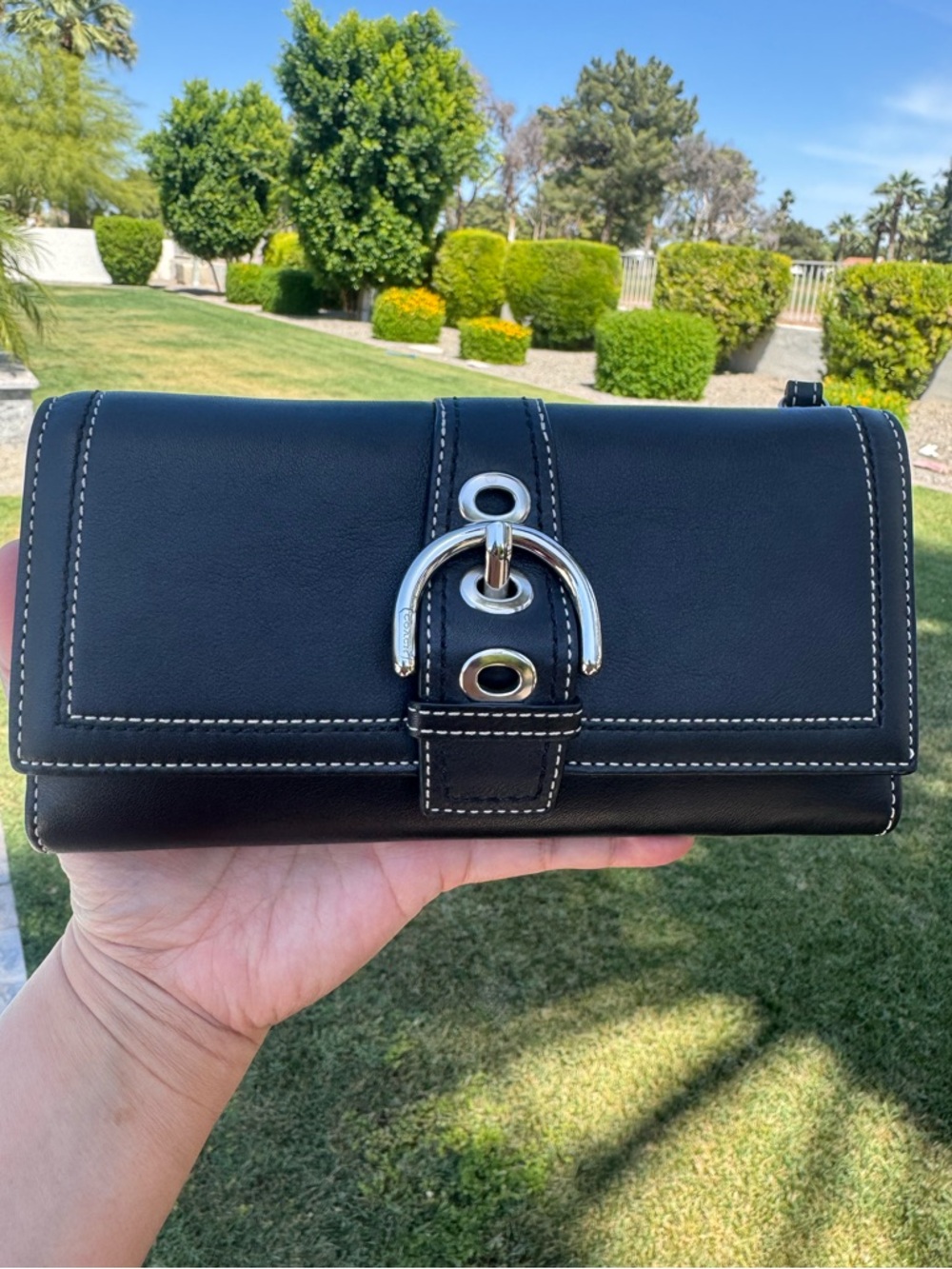 Coach New Soho Leather Wallet Black with Silver-Tone Buckle
